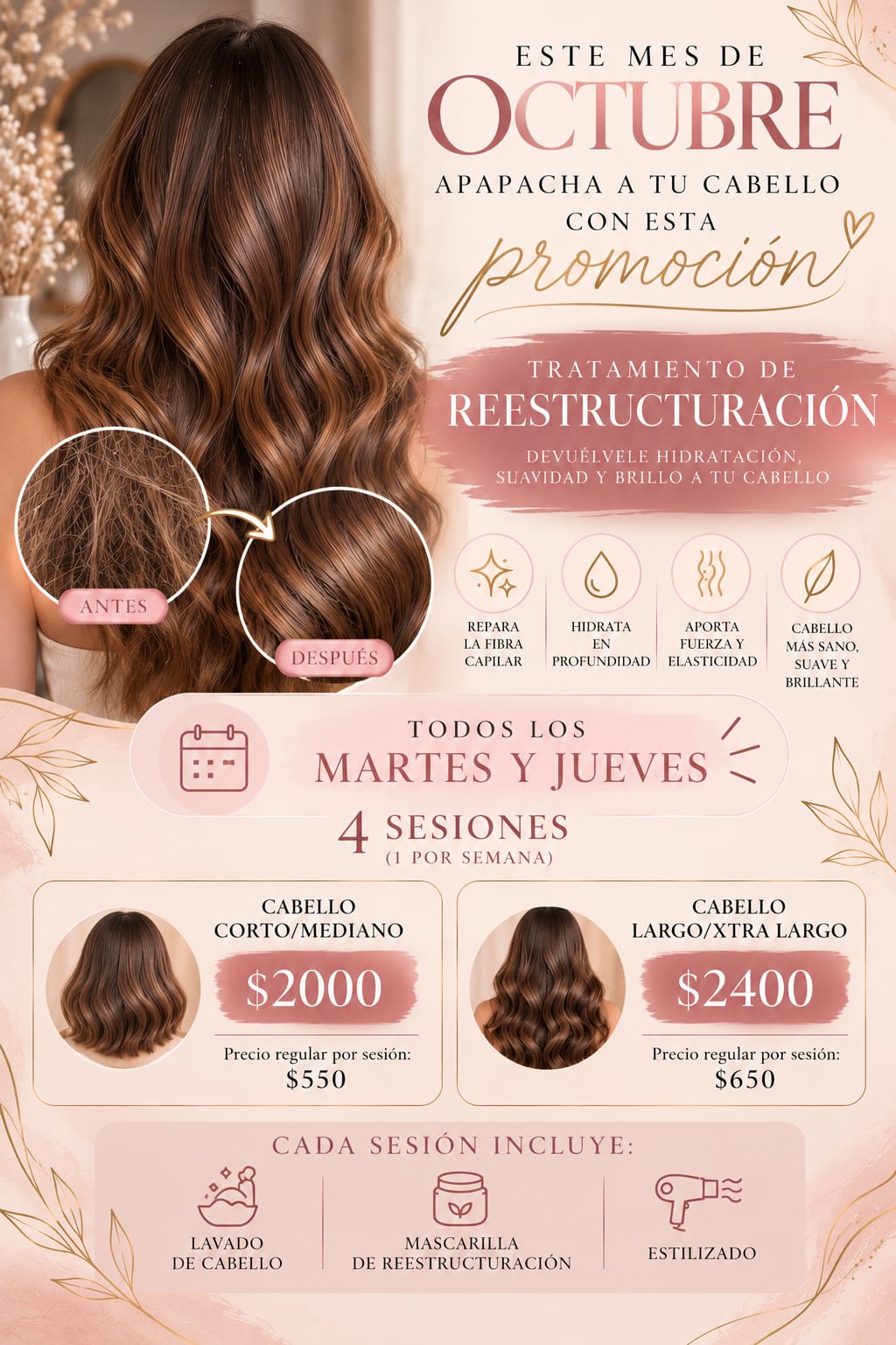 Promoción de octubre: cuatro sesiones de reestructuración capilar con lavado, mascarilla y estilizado