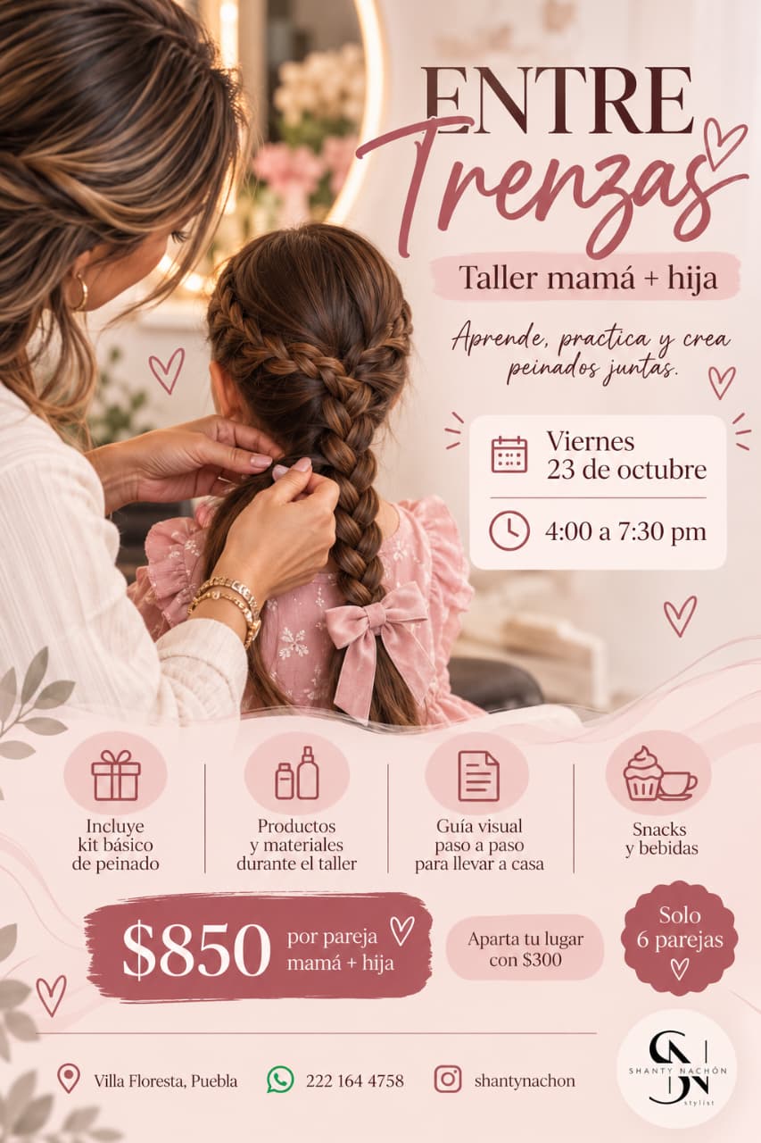 Taller Entre Trenzas para mamá e hija el viernes 23 de octubre de 2026 en Villa Floresta, Puebla